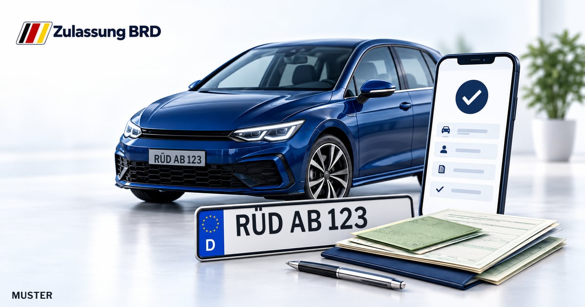 Online Fahrzeugzulassung in Rüdesheim am Rhein: Musterkennzeichen RÜD AB 123, Auto und Fahrzeugpapiere und Smartphone. Illustration mit Logo von Zulassung BRD.